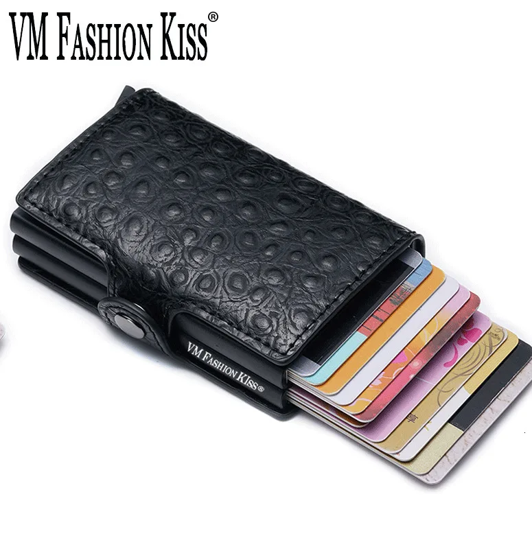VM FASHION KISS RFID Genuine Leather Minimalist Wallet DIY Metal Aluminum Safe Purse Credit Id Business Card Holder Cardholder