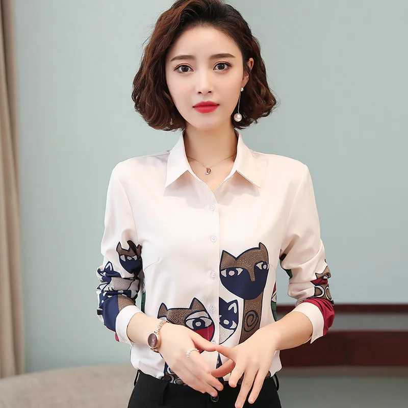 S-3XL Elegant Vintage Long Sleeve Spring Autumn Women Blouses Cat Printed Office Chiffon Shirt Button Woman Tops Blusas Mujer
