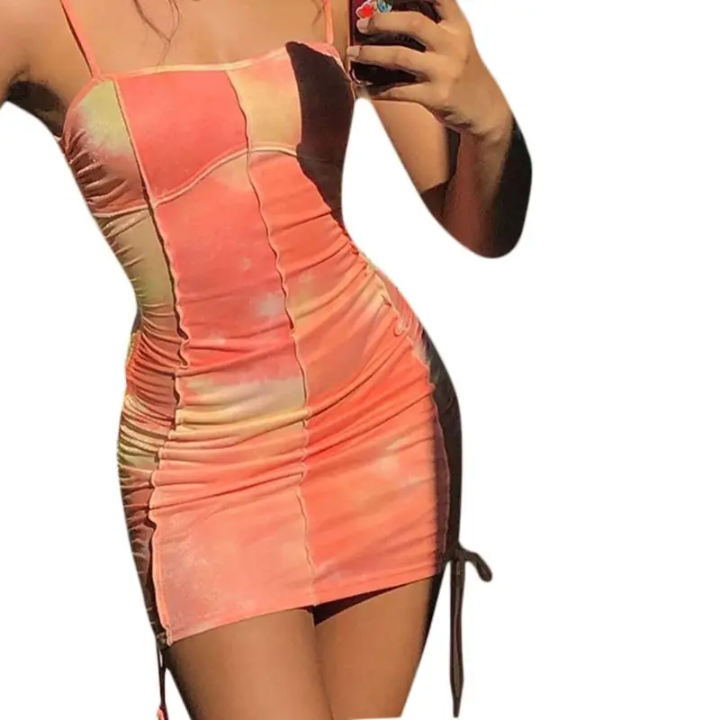 

Women Spaghetti Strap Tie-Dye Off Shoulder Ruched Drawstring Bodycon Mini Dress