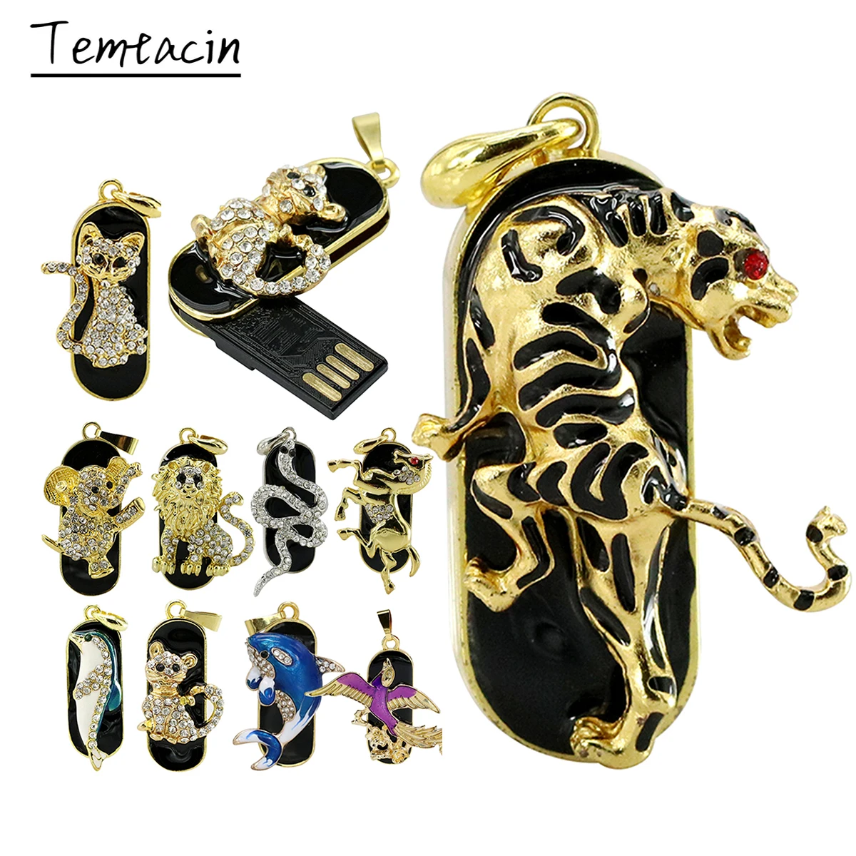 

Pen Drive Metal Snake Lion Tiger Phoenix USB Flash Drive 8GB 16G 32GB 64GB 128GB Pendrive Crystal Pendant 256G USB Memeory Stick