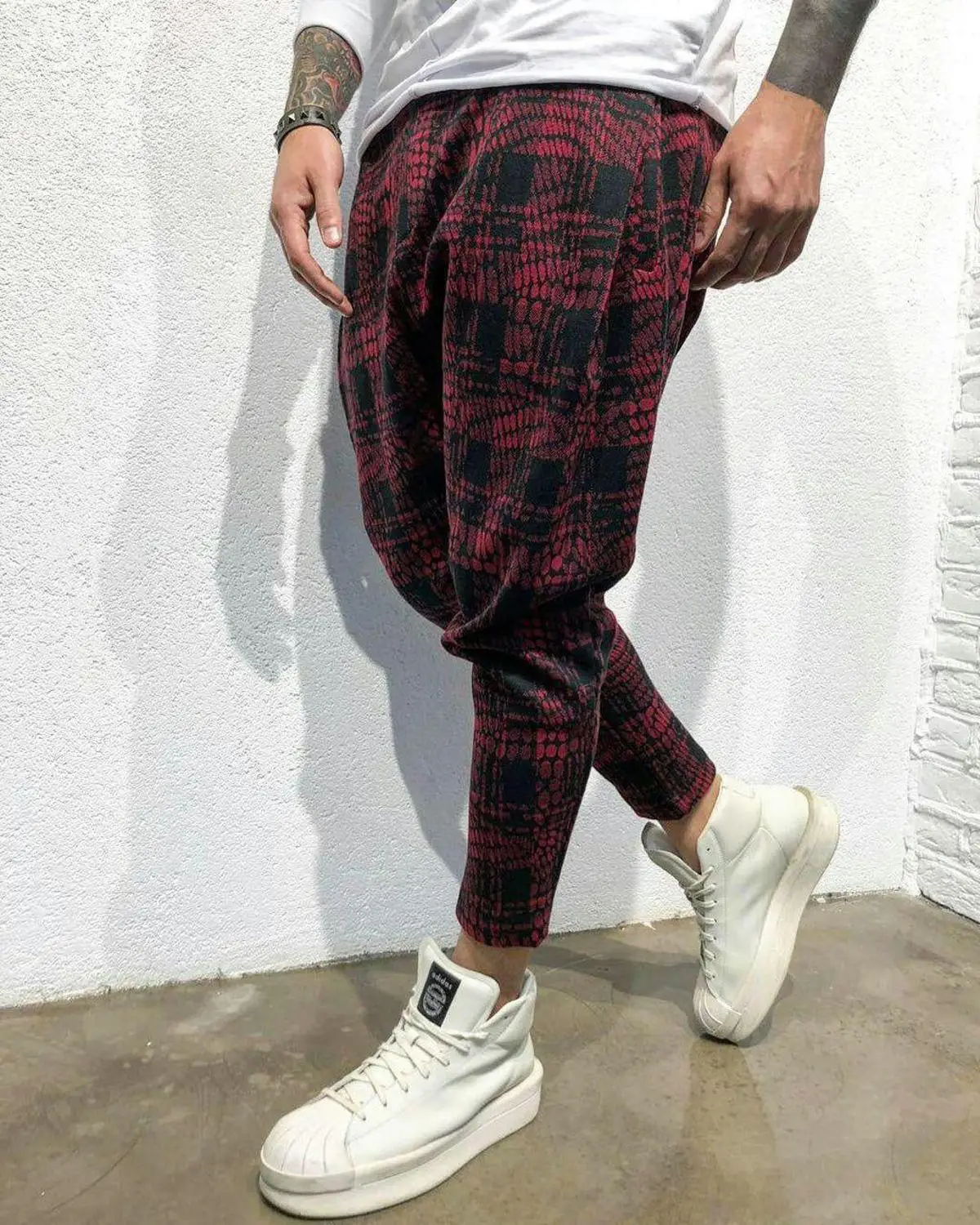 2019 мужские уличные клетчатые брюки для бега повседневные Прямые шаровары в стиле