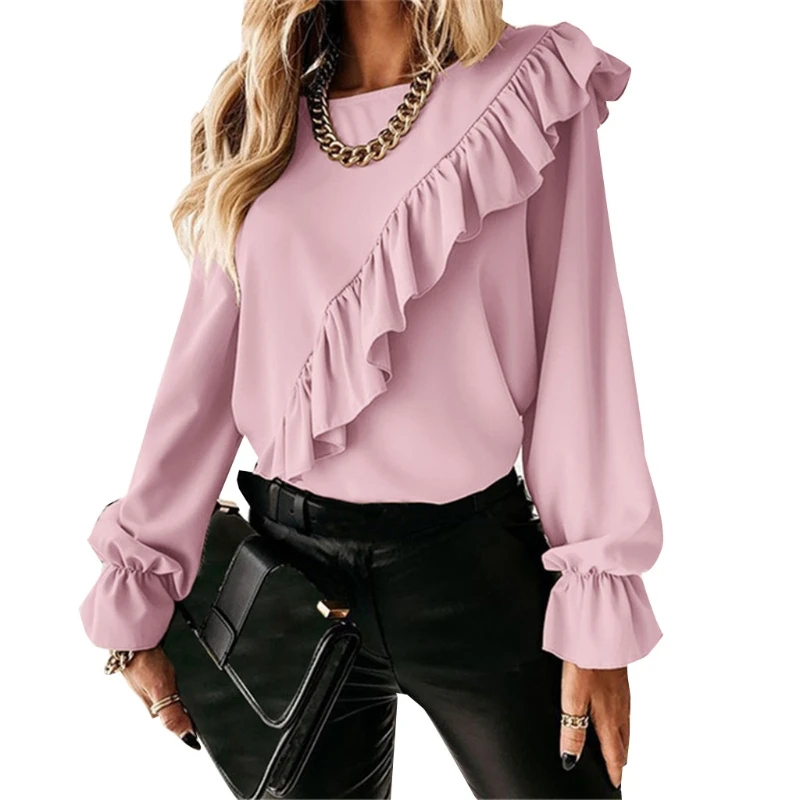 

Women Ruffles Blouses Elegant Flared Long Sleeves Round Neck Tops Female Summer Shirt Pullover M7DD