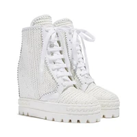 2021 woman fashion lace up high top ironic sneakers female hidden wedge platform short ankle boots white khaki shoe unique style