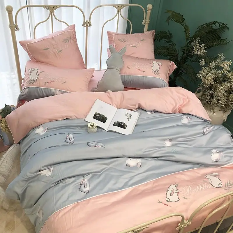 

J3 Dogs Rabbit Cute Bedding Sets Queen King Size Duvet Cover Sets Girls Gift Animal 100% Tencel Bamboo Ultra Soft Bed sheet set