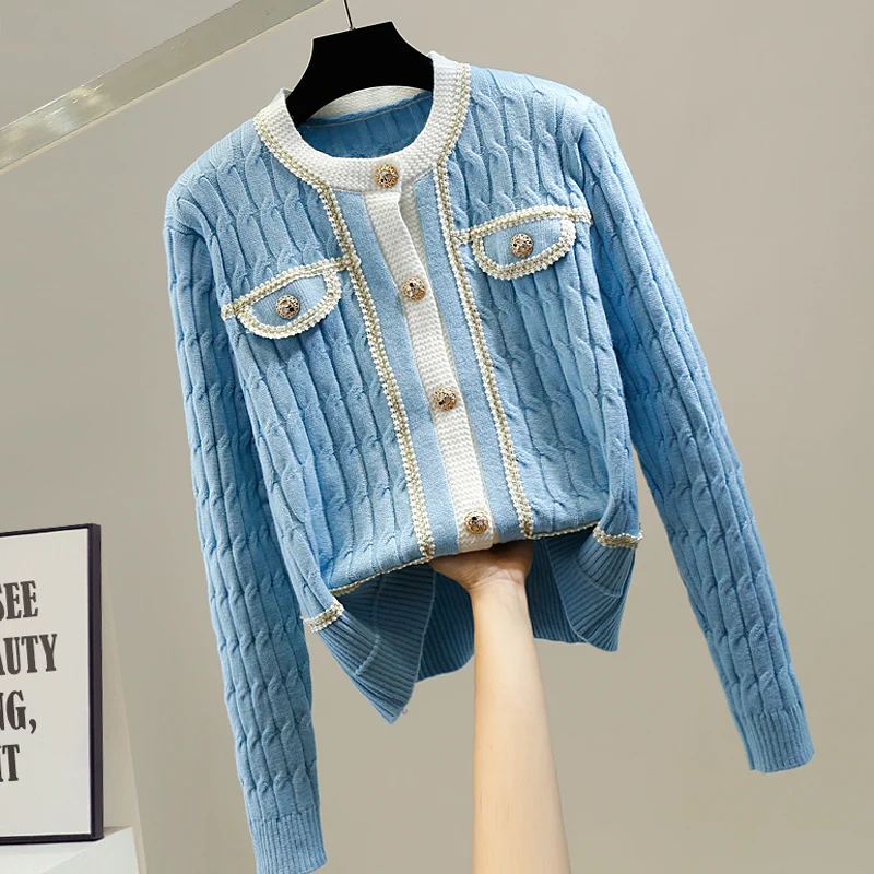 

Женский вязаный кардиган, однобортный Кардиган с кружевной прострочкой, свитеры для зимы, 2021