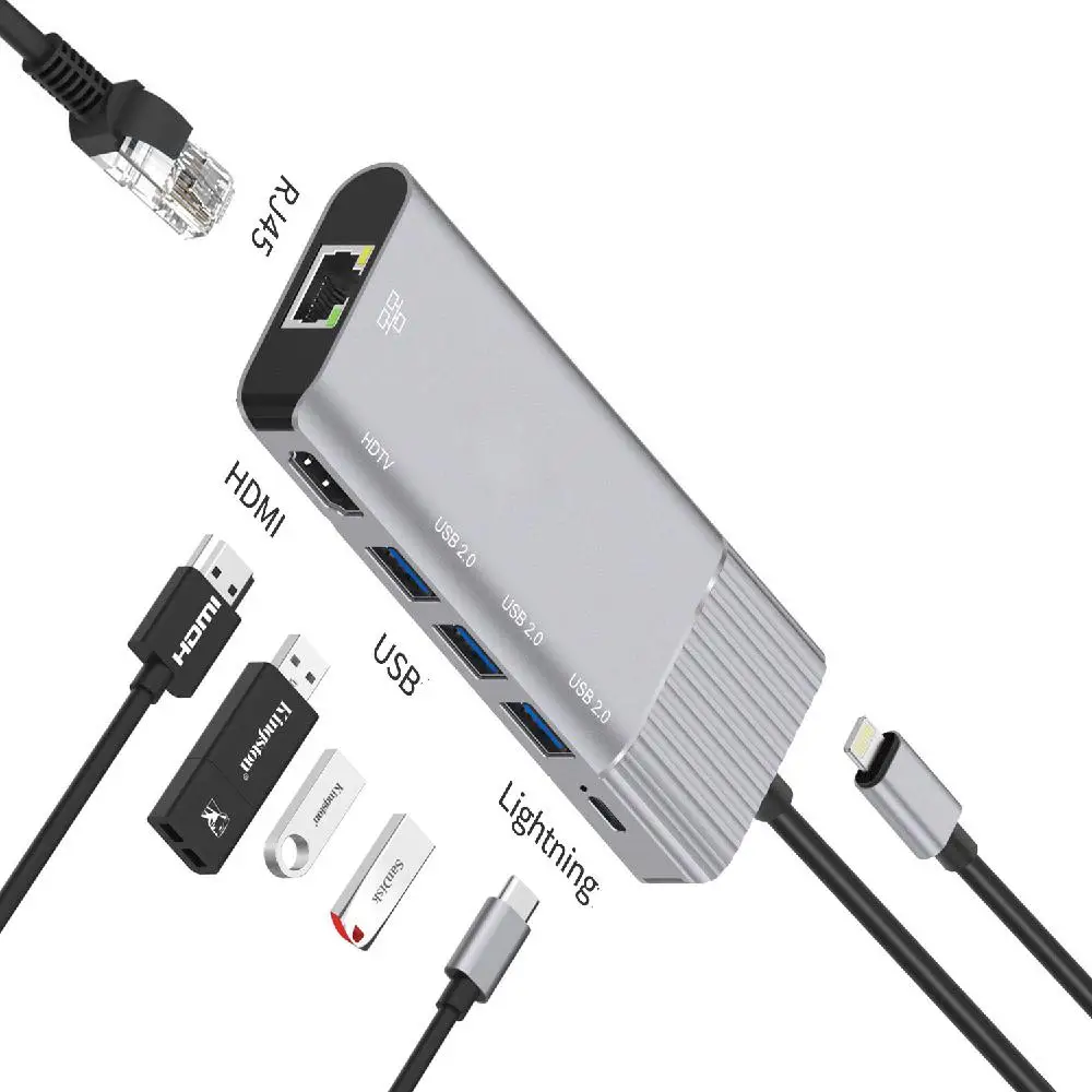 Док-станция 6-в-1 с 3 портами Lightning на сетевую карту RJ45/HDMI USB2.0hub/многофункциональная