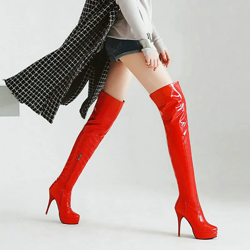 Женские лакированные сапоги выше колена из искусственной кожи модные женские на