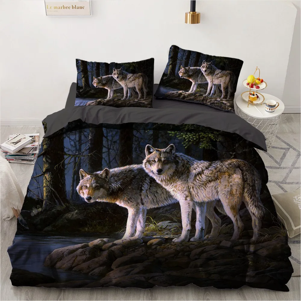 

Animal Bed Linens Custom Design Wolf Quilt Cover Sets Pillow Shams 203*230cm Full Twin Single Double Size 3D Black Bedding Set