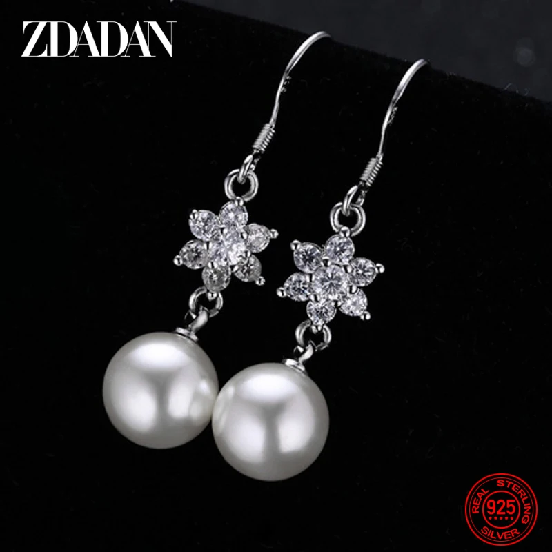 

ZDADAN 925 Sterling Silver Snowflake Pearl Long Dangle Earring For Womens Charm Wedding Jewelry