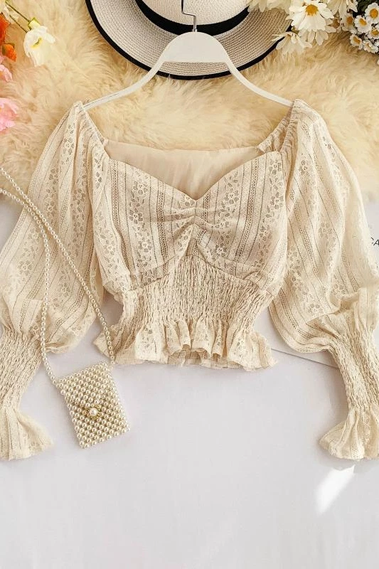 2019 new fashion women's blouse shirt Fresh and sweet short lace lantern sleeve | Женская одежда