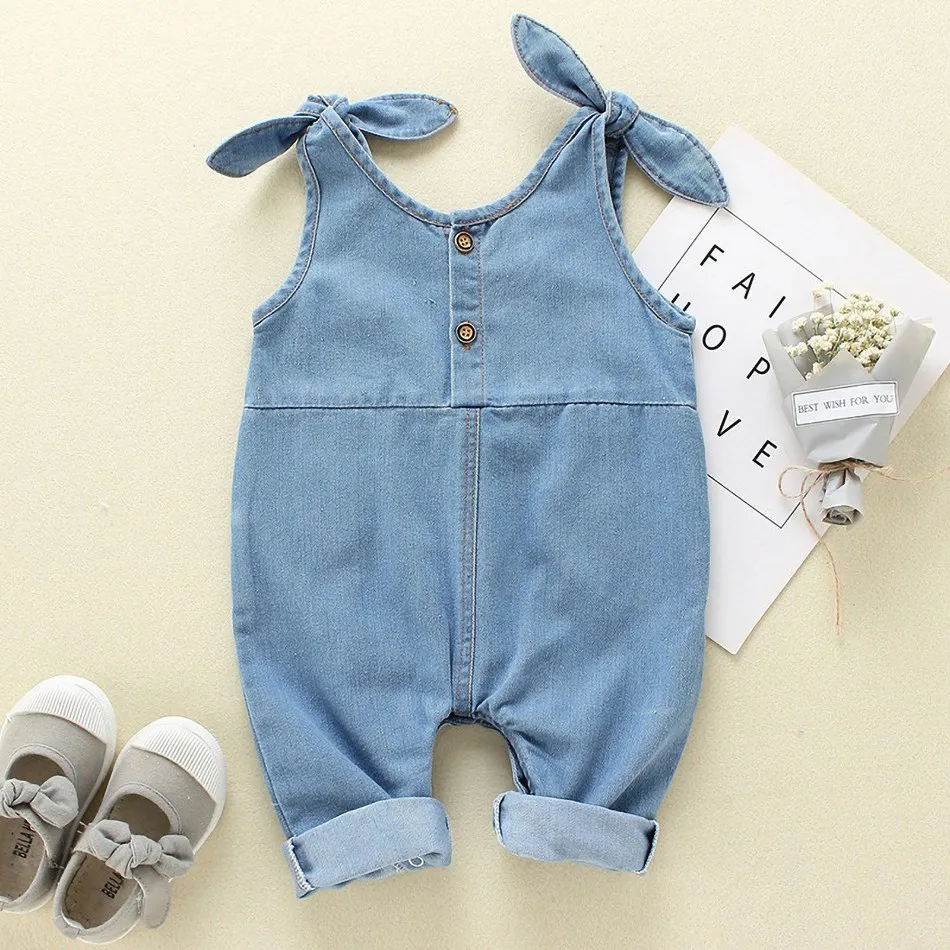 

Newborn Summer Clothing Baby Girl Solid Color Sling Denim Romper Baby Kawaii Jumpsuit 0-18 Months Baby Fashion Romper