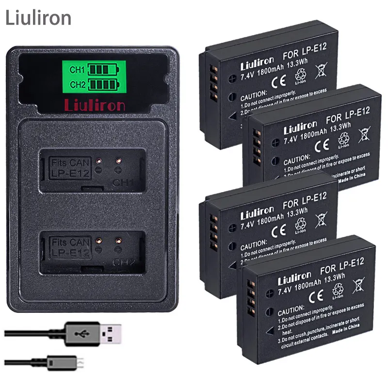 4 шт 1800mAh LP-E12 LP E12 LPE12 литий-ионная батарея+ lcd USB двойное зарядное устройство для камеры Canon EOS M50, EOS M100, 100D Kiss X7 Rebel SL1
