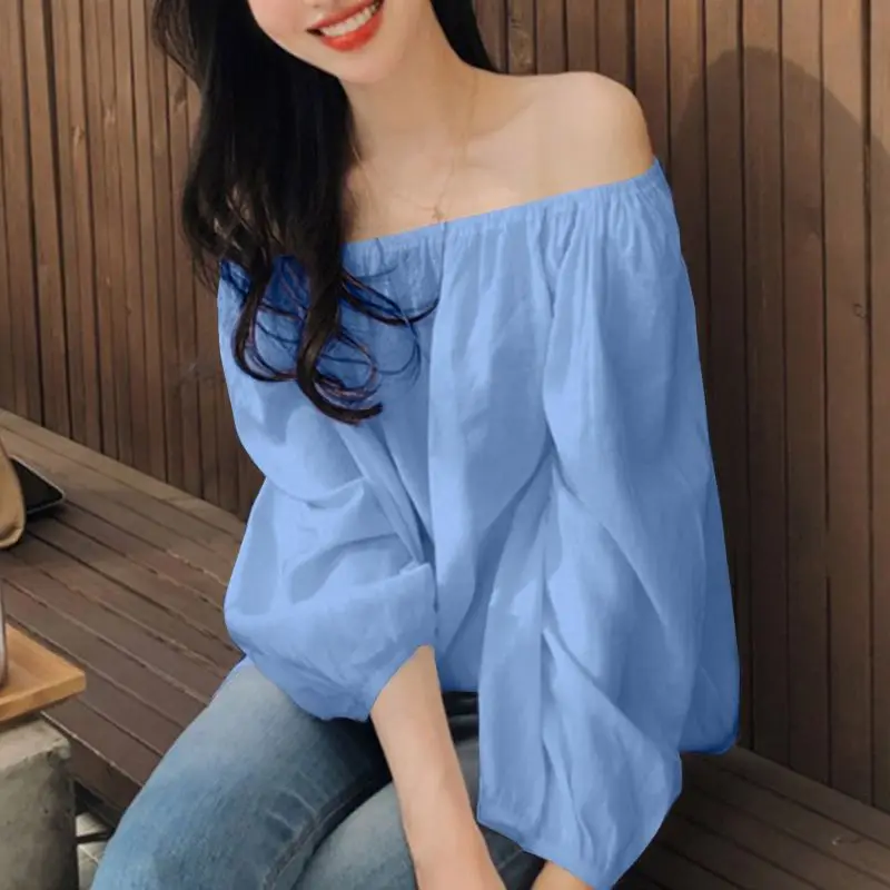 

Women Sexy Long Sleeve Pleated Blouse 2021 VONDA Summer Off Shoulder Solid Shirts Office Bohemian Party Blusas Feminina 5XL