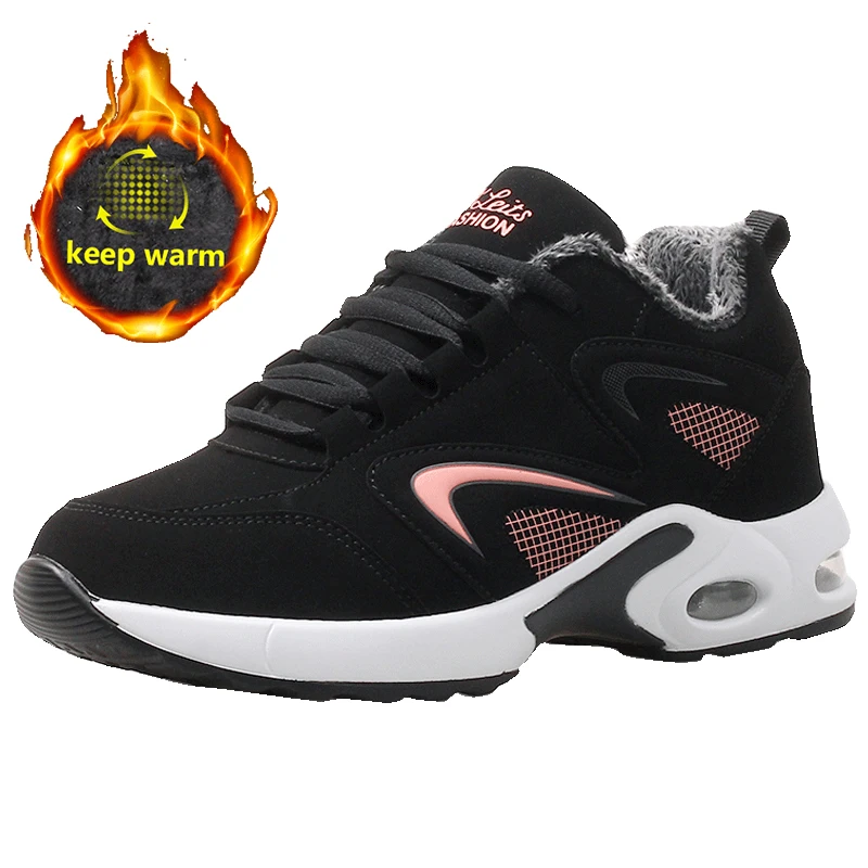 Pink Winter Shoes Женские кроссовки для бега; спортивная обувь на подушке; женская Стильная Кожаная удобная подошва; уличные прогулочные черные кроссовки; Mujer - Цвет: Pink Winter Shoes