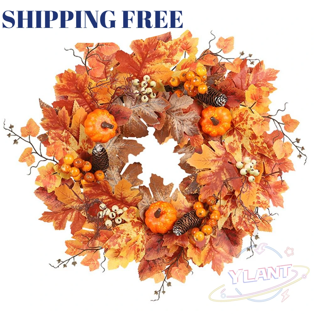 

50cm Autumn Wreath Christmas Decoration Artificial Maple Leaves Pumpkin White Fruits Tree Root Garland Halloween Wreath Decor