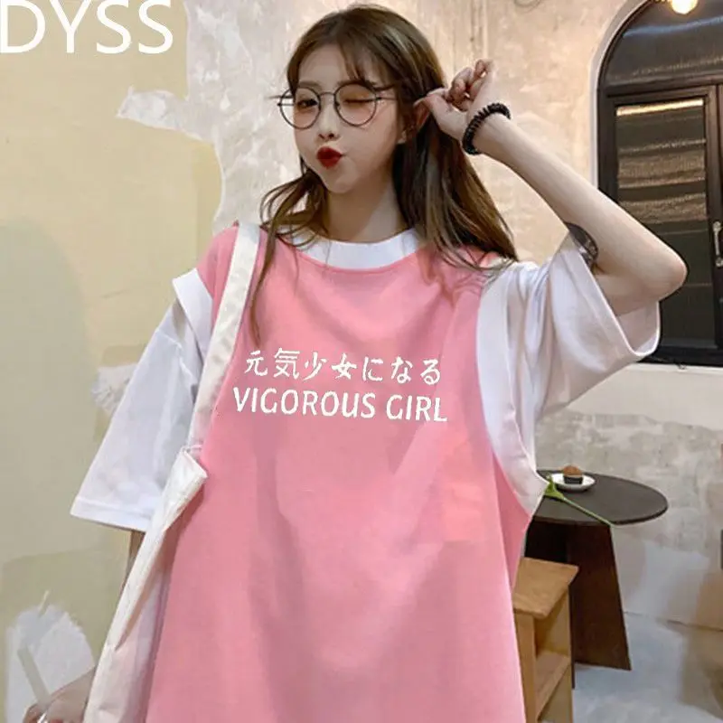 

women's t-shirts 2021 summer new Harajuku style letter printed women O-Neck fake two-piece short-sleeve t-shirt girl casual Top