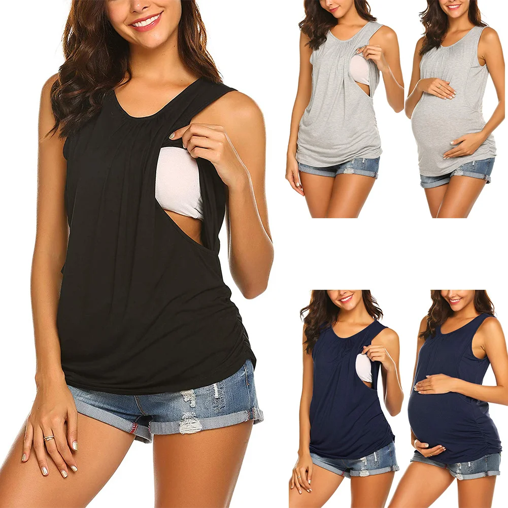 

Summer Pregnant Women Vest T-Shirt Breast-Feeding Jacket Solid Color Women'S T-Shirt Short-Sleeved Pregnant Women'S Clothing