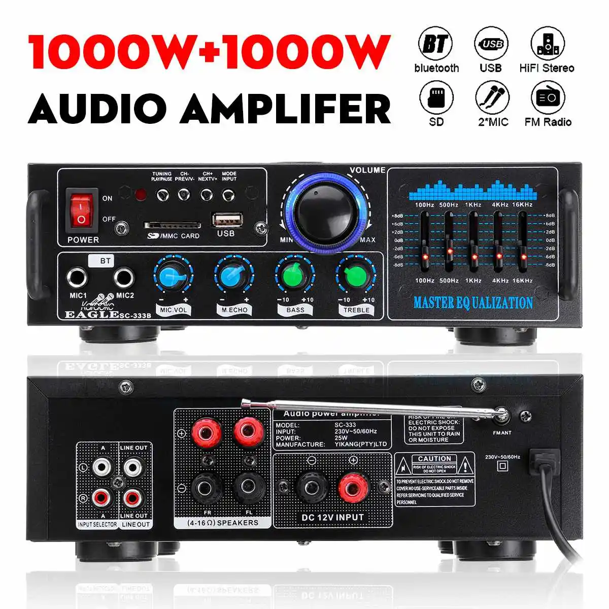 

2000W 2CH bluetooth Stereo Amplifier Surround Sound Mixer 2mic HiFi Amplifiers USB AMP FM AUX Home Cinema Karaoke Remote Control