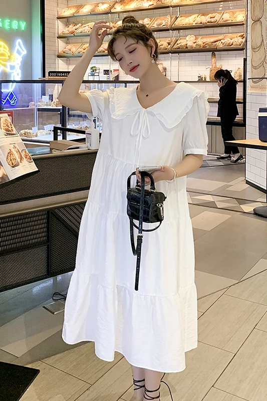 

5526# Summer Korean Fashion White Maternity Long Dress Sweet Lovely Loose Clothes for Pregnant Women Pregnancy Clothing