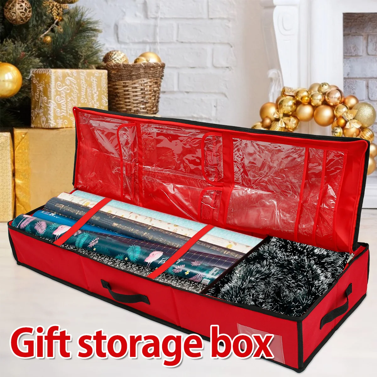 

Large Capacity Paper Storage Bag Gift Wrap Organizer Container with Interior Pockets Xmas Ribbon Gift Bag Bows Storage Box Holds