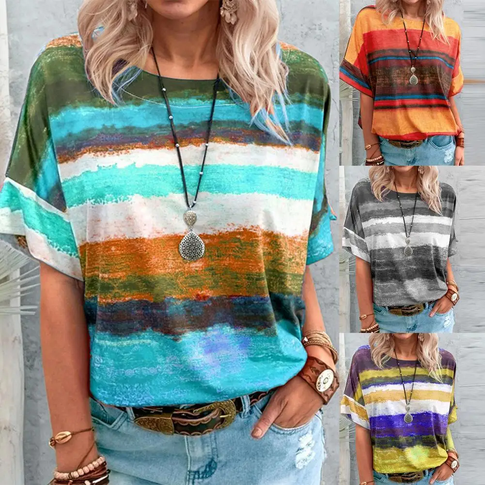 

Женская Свободная блузка с коротким рукавом, элегантная винтажная блузка контрастных цветов с принтом и круглым вырезом, Повседневная Улич...