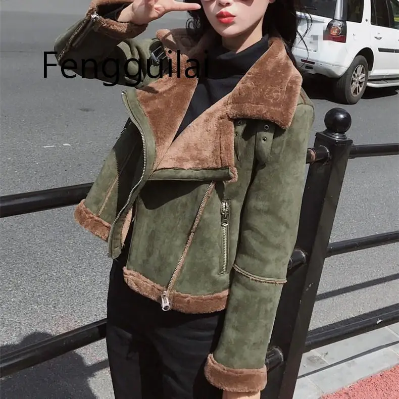 

FENGGUILAI New Hot Winter Long Sleeve Short Green Jacket Casual Faux Leather Fur Warm Outerwear Women Turn-Down Collar Suede Coa