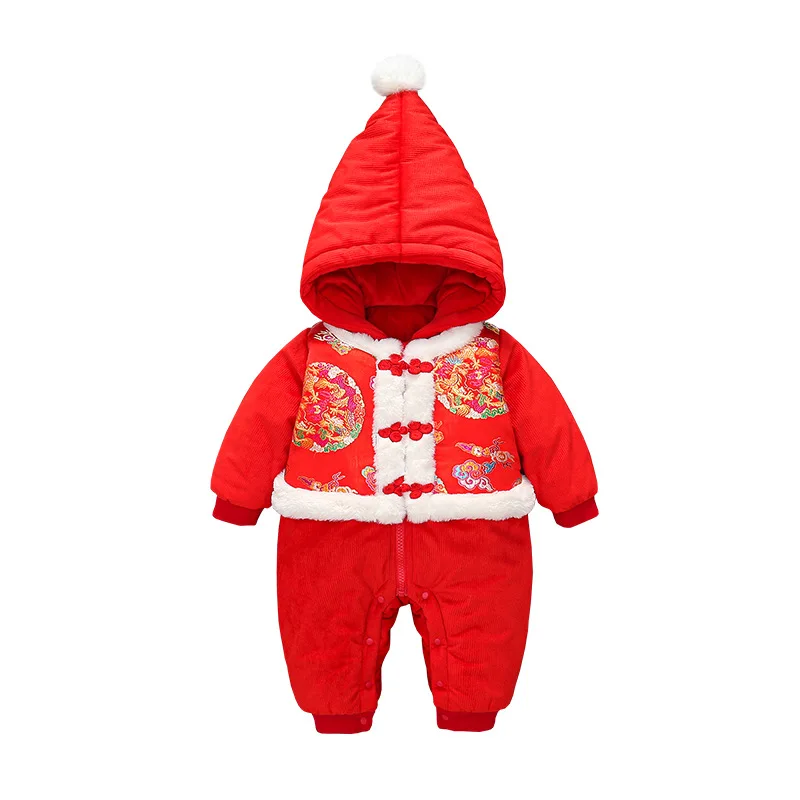 

Baby New Year Clothes 2020 Winter Kid's Clothing Infant Thicken Hooded Jumpsuit For Girls Spring Festival Red Hooded Fur Rompers
