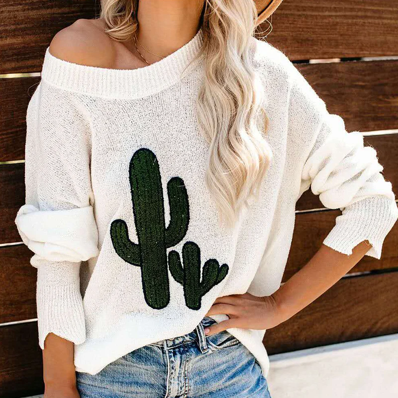 Модный пуловер с круглым вырезом и рисунком кактуса Женский вязаный свитер