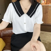 big size womens fat sister summer 2022 new college style contrast lapel shirt