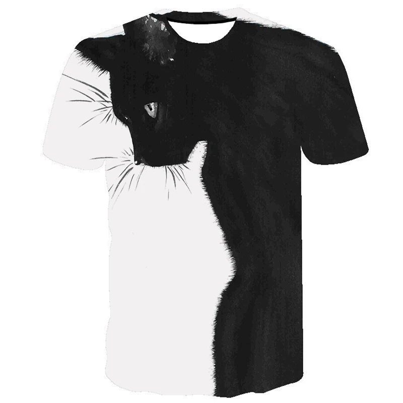 

Black And White Patchwork T Shirt With 3d Cat Print Harajuku Contrast Shirt Vintage Cute Summer 2021 Casual Short Sleeve Shirt