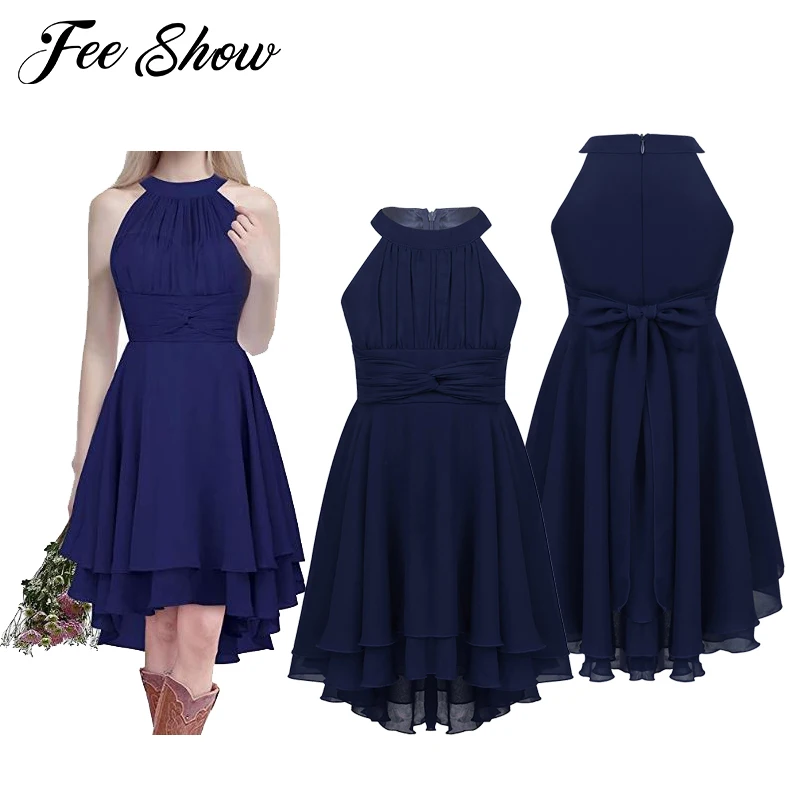 Шифоновое платье с лямкой на шее для девочек-подростков высоким и низким подолом