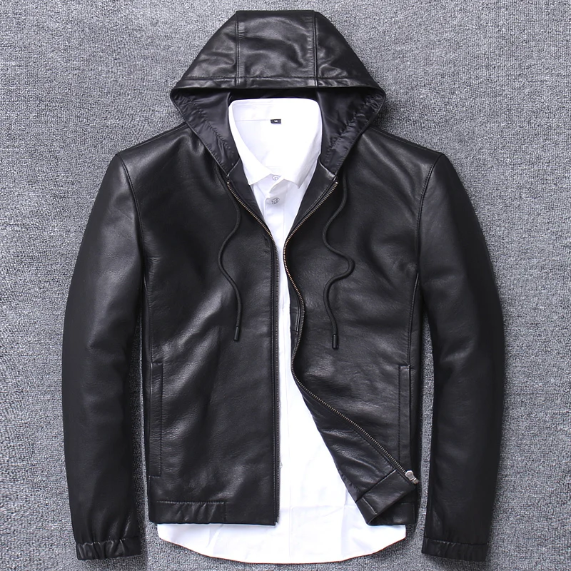 

clothing tide sheep haining even hat genuine leather jacket male locomotive 100% natural calf skin