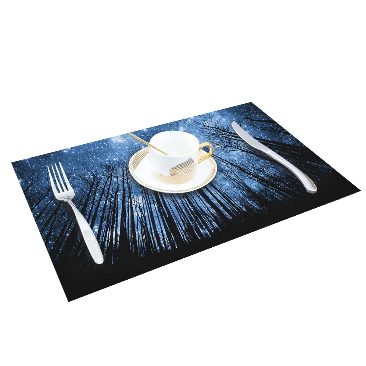 Белый коврик для обеденного стола с изображением звезд леса неба черной Луны