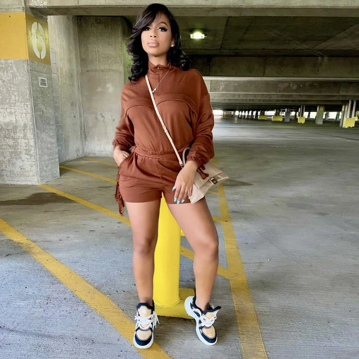 

Tassels Stitching Two Piece Sweatsuits Women's Clothes 2022 Turtleneck Long Sleeve Pullover and Workout Biker Short Club Outfits