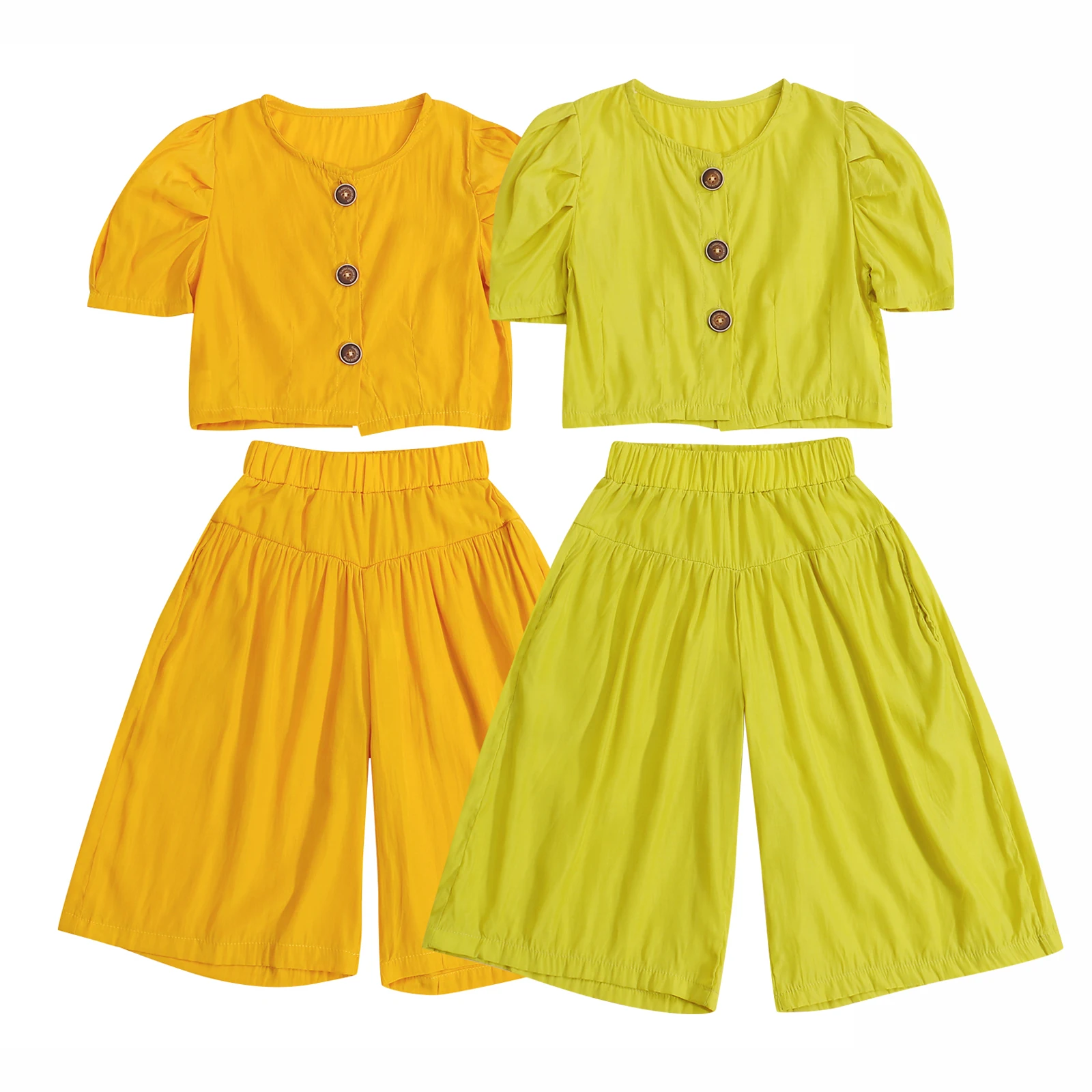

2 Pieces Kids Suit Set, Solid Color Round Neck Short Sleeve Tops+ Culotte for Toddler, Yellow/Green