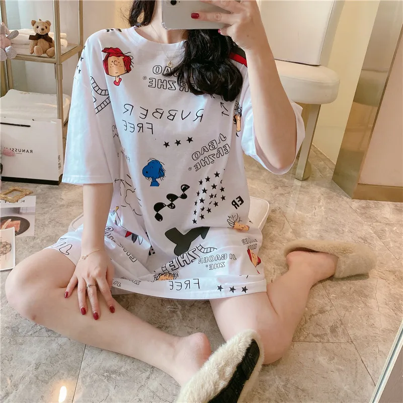 

2020 Japanese comic cartoon pajamas female short-sleeved summer nightdress students loose mid-long home pajamas