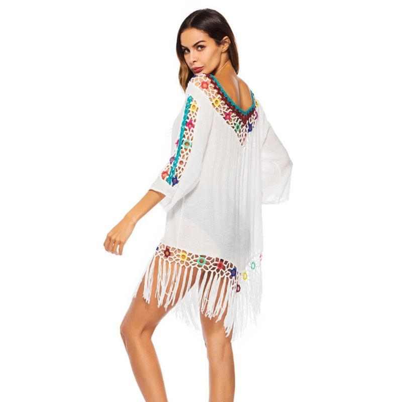 

Women Bathing Suit Swimsuit Cover Up 3/4 Sleeve Sexy V-Neck Irregular Tassel Beach Dress Off Shoulder Floral Crochet Top
