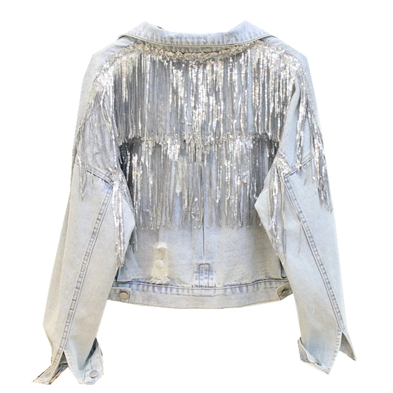 2019 Осенняя новая джинсовая куртка с блестками и кисточками Женская свободная