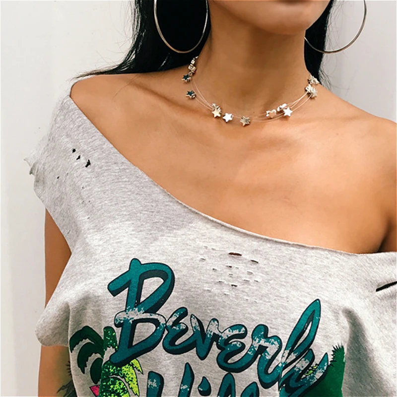 

Fashion Silver Color Star Necklace For Women Trendy Girls Simple Multilayer Rope Chain Choker Necklaces Jewelry