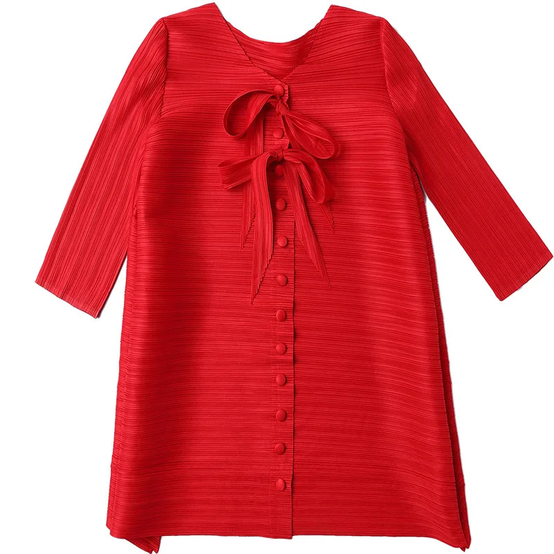 

LANMREM Women's plus size lace-up dress for women 2020 bandage V collar half sleeve pleated dresses famale single breasted YJ403