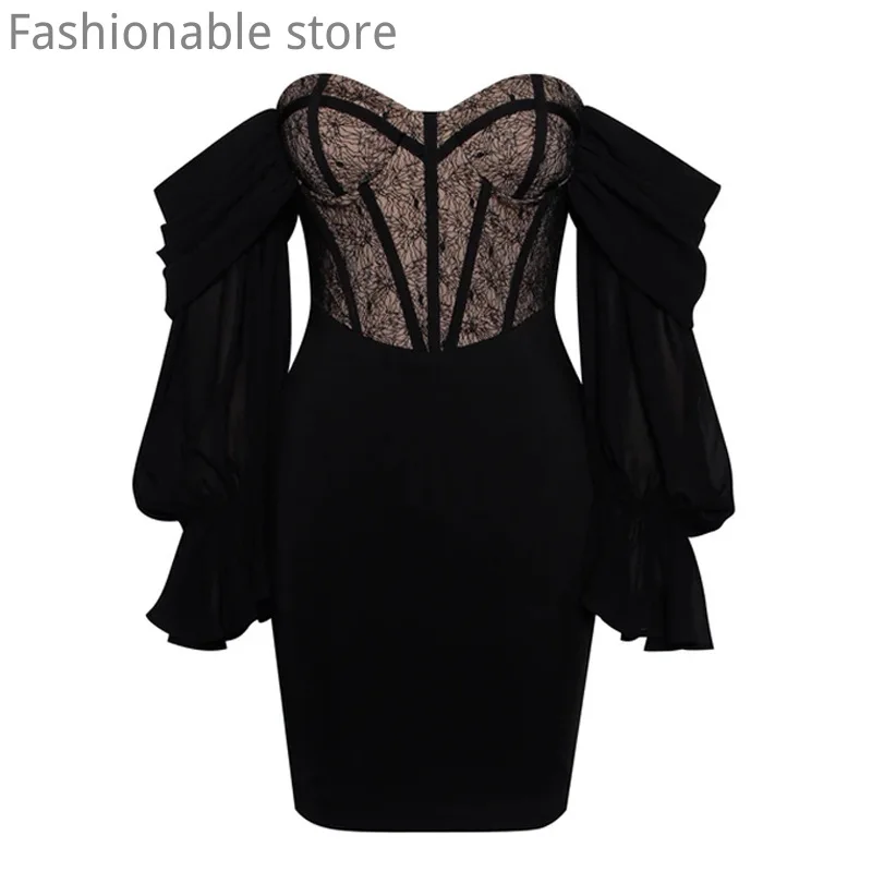

Women Sexy Lace Patchwork Open Back Flare Sleeve Mini Bodycon Dress