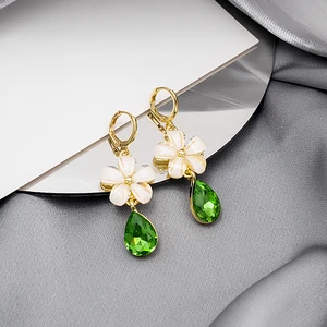 OE New Flower Earrings Emerald Gemstone Earrings White Flowers Fashion Womens Jewelry