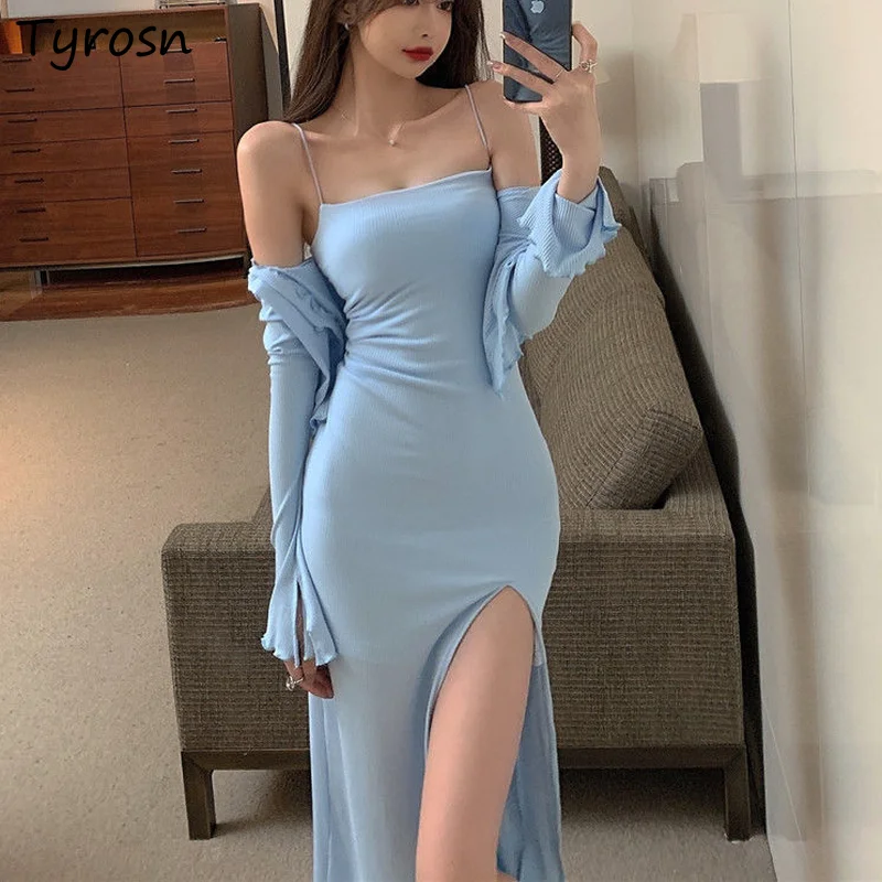 

Платье женское до середины икры без рукавов, пикантное облегающее Клубное элегантное однотонное платье-футляр с Боковым Разрезом в стиле р...