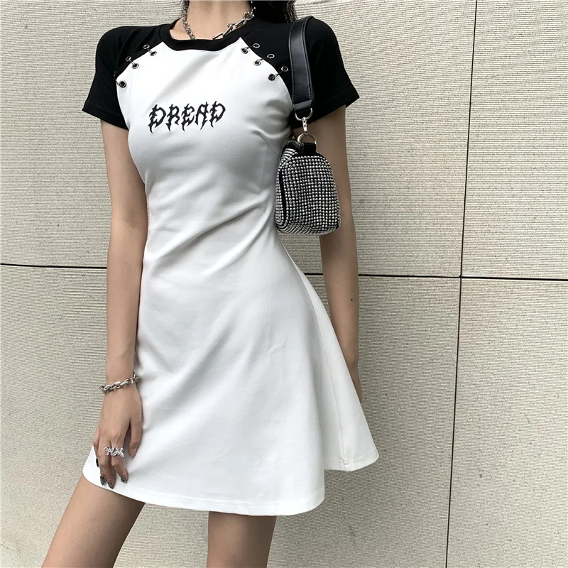 

Female gothic summer dress black harajuku mini dress short sleeve 2021 letter thin impression sexy bodycon dress punk