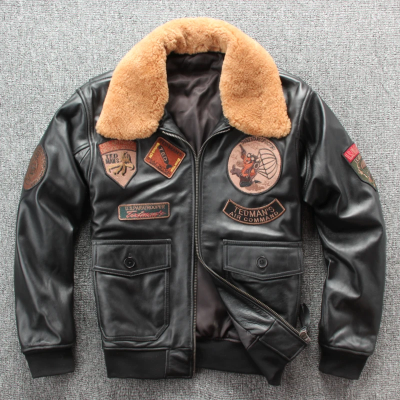 Мужская кожаная куртка пилот черная летная из натуральной воловьей кожи с