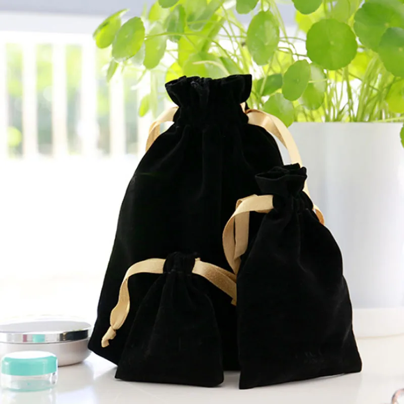 Черные бархатные подарочные сумочки золотой лентой 7x9 см 8x10 11x16 18x22 в упаковке 50