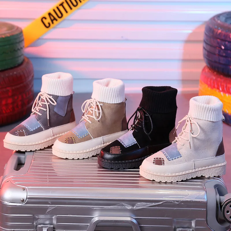 

Autumn and winter explosions suede canvas color matching wild high-top Wool mouthboots women shoes