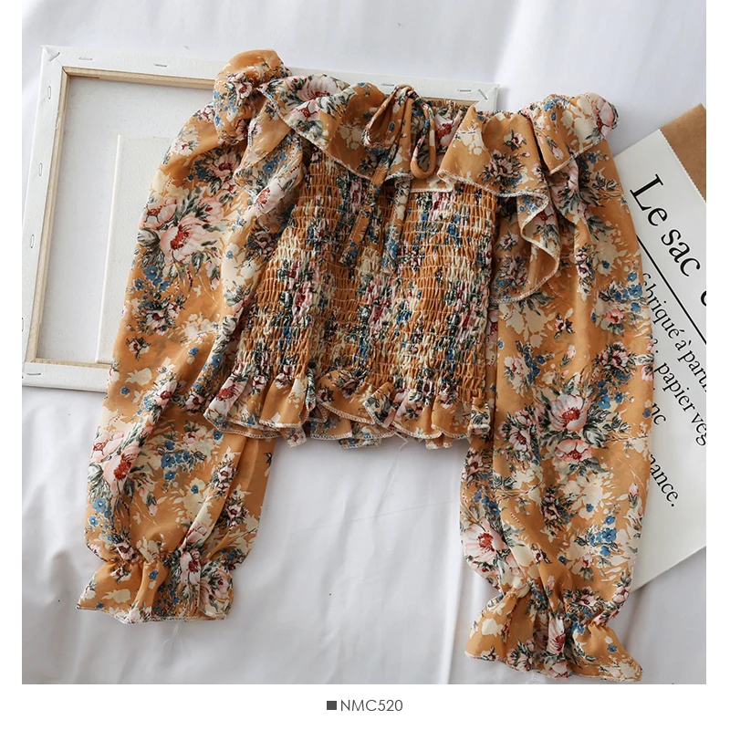 Summer Women Chiffon Blouses Sexy Ladies Streetwear Slash Neck Off Shoulder Vintage Floral Puff Sleeve Ruffles Shirts Tops