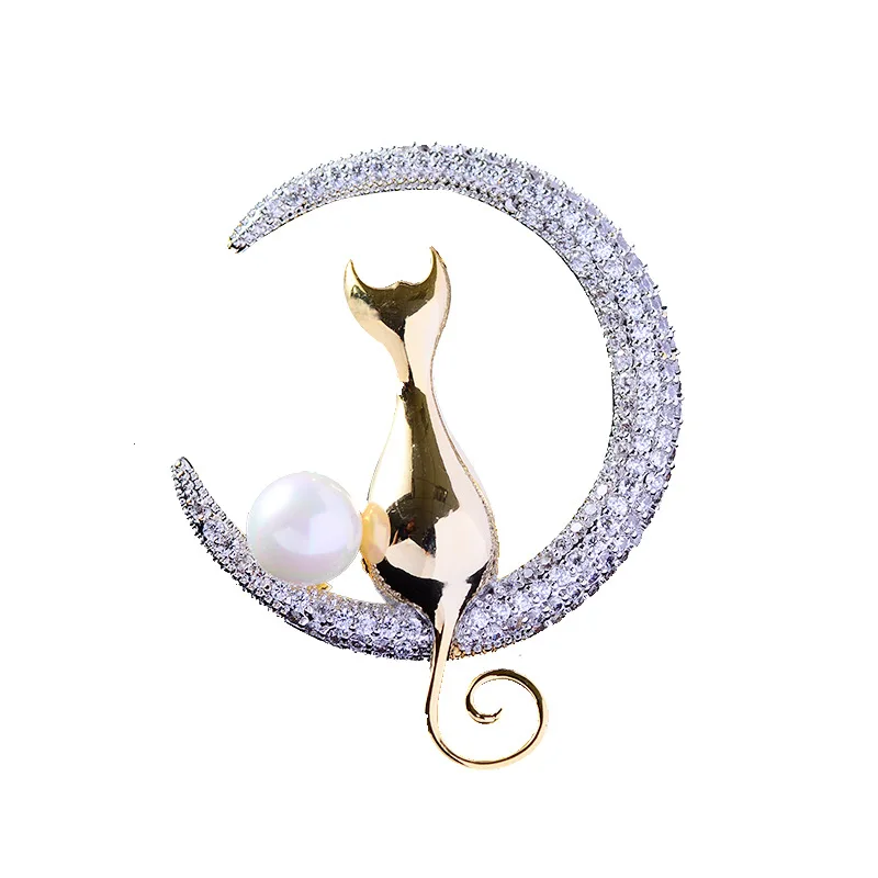 

Fashion Cute Cat Moon Brooch Women Girls Winter Clothes Accessories High Quality Cubic Zirconia Metal Pins For Coat