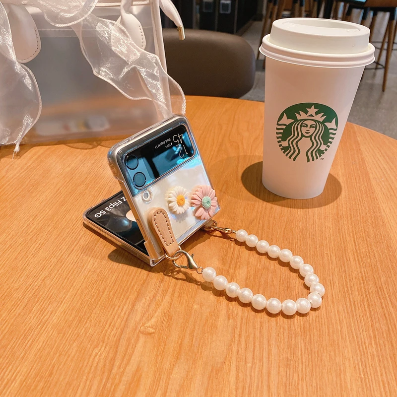 cute pearl flower bracelet phone cases for samsung galaxy z flip 5g hand chain clear zflip 3 z flip 3 5g cover fundas para free global shipping